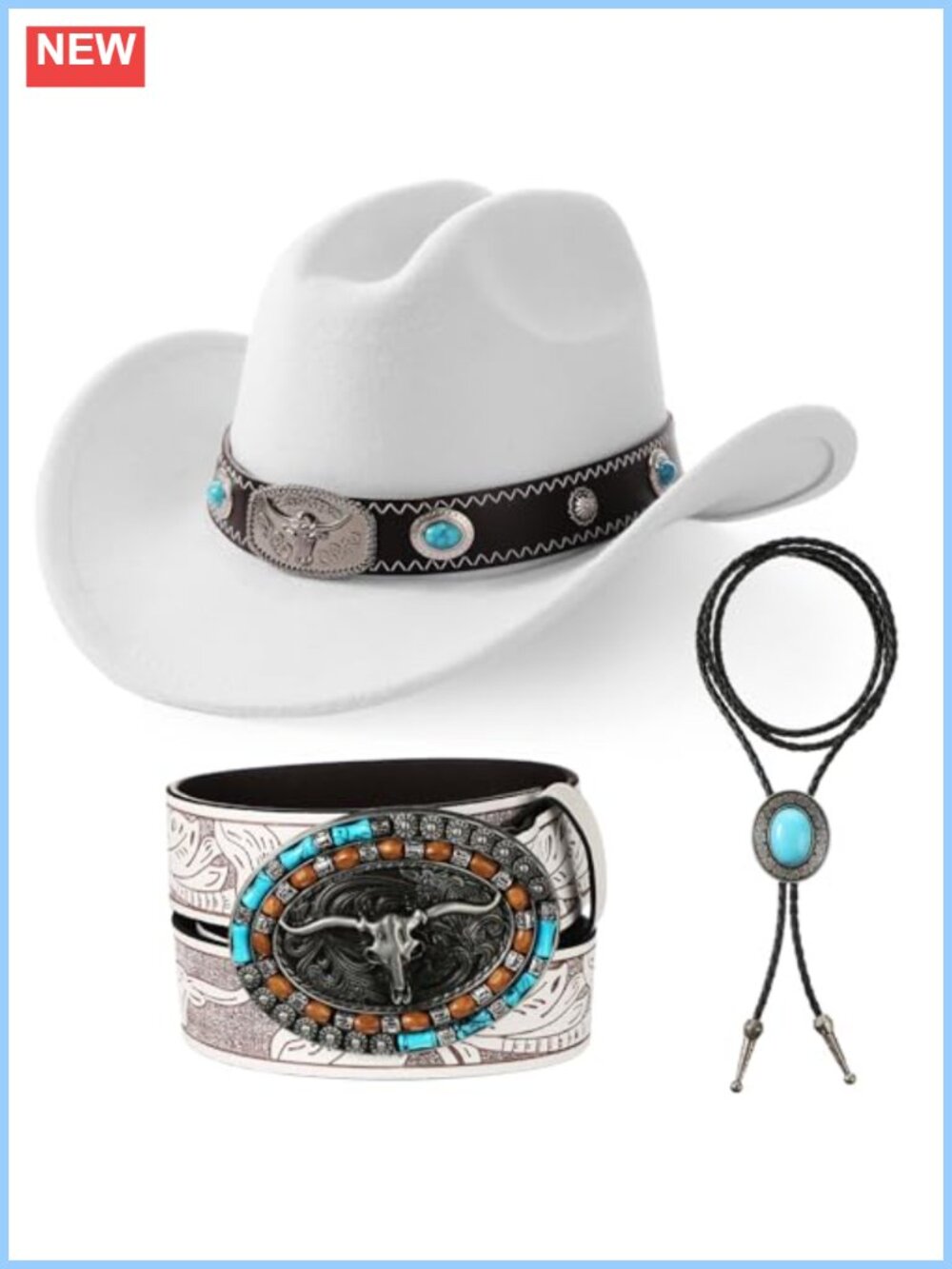 Western Accessories Set: Felt Cowboy Hat, Turquoise Tie Necklace, Leather Belt